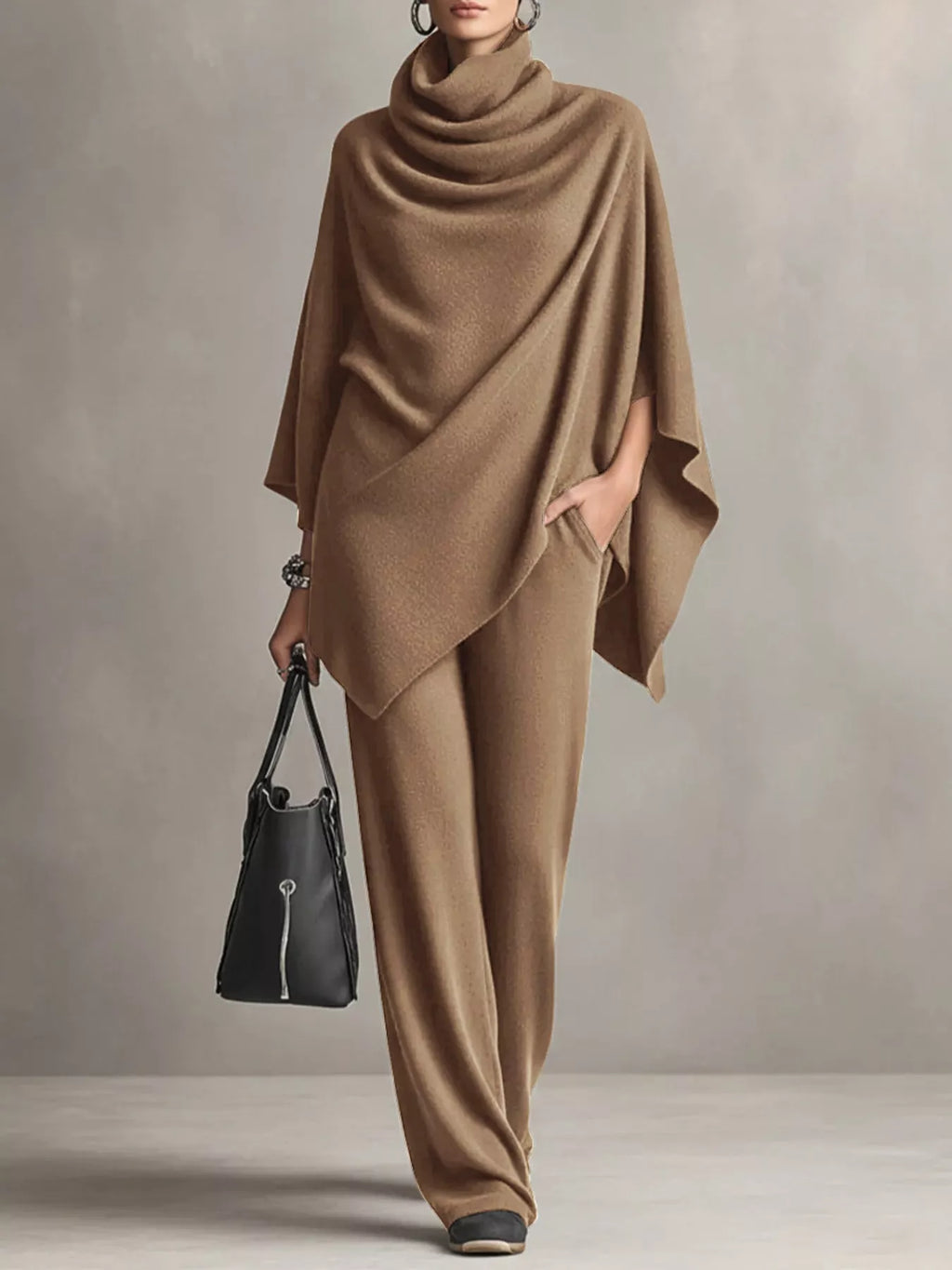 Full Size Turtleneck Poncho and Wide-Leg Pants Set Plus Size