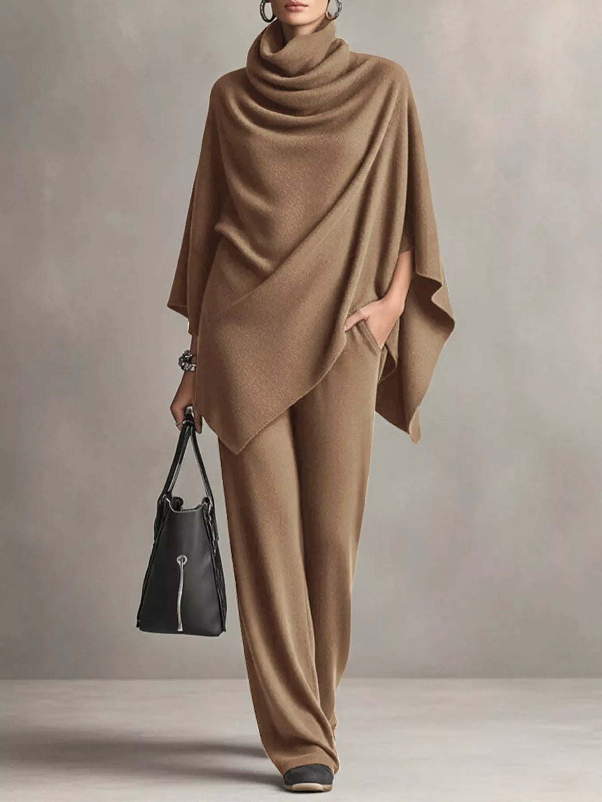 Full Size Turtleneck Poncho and Wide-Leg Pants Set Plus Size