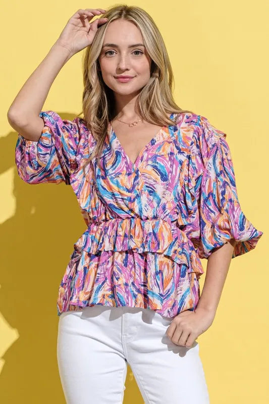 And The Why Printed Lantern Sleeve Blouse