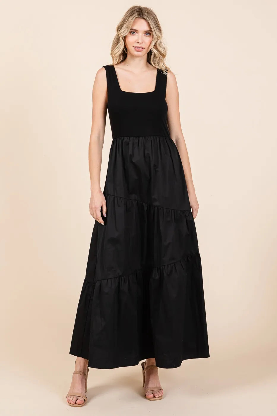 Mix Media Square Neck Tiered Maxi Dress