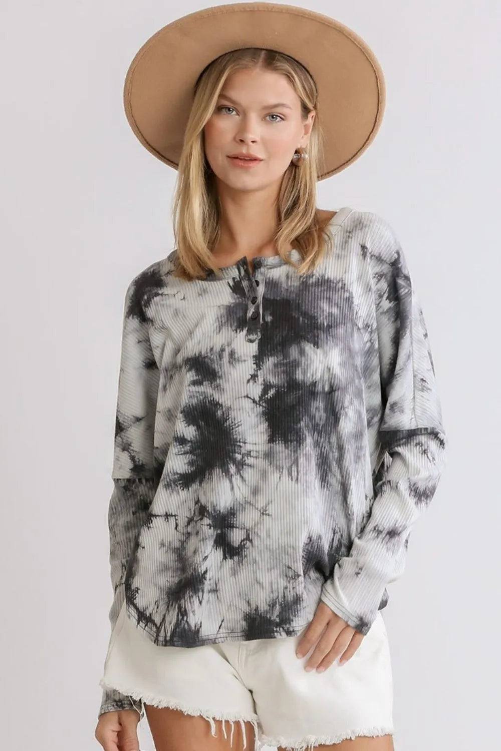 Umgee Full Size Tie Dye Round Neck Ribbed Button Front Top Plus Size