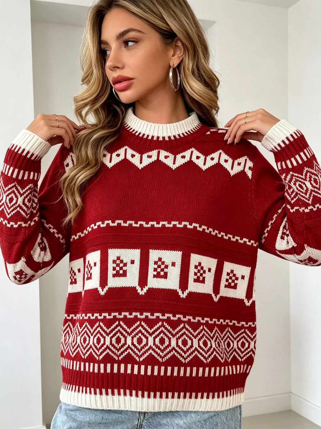 Christmas Festive Fair Isle Patterned Crew Neck Sweater