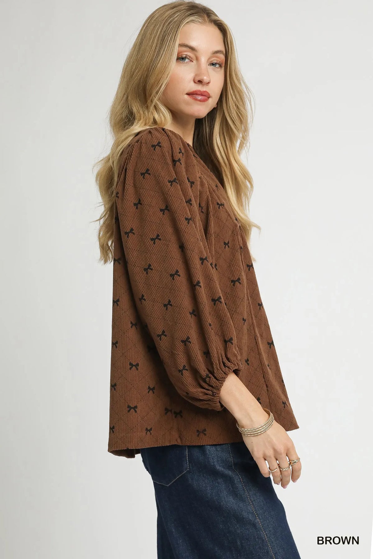 Umgee Corduroy Bow Print Balloon Sleeve Blouse