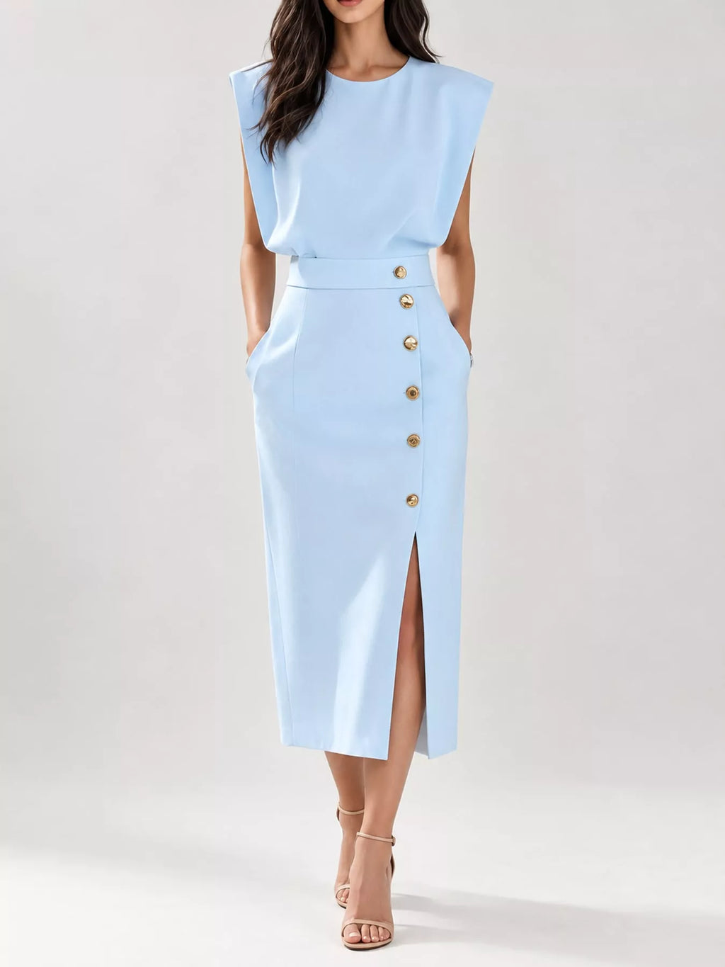 Sleeveless Midi Dress with Gold Button Detail and Side Slit