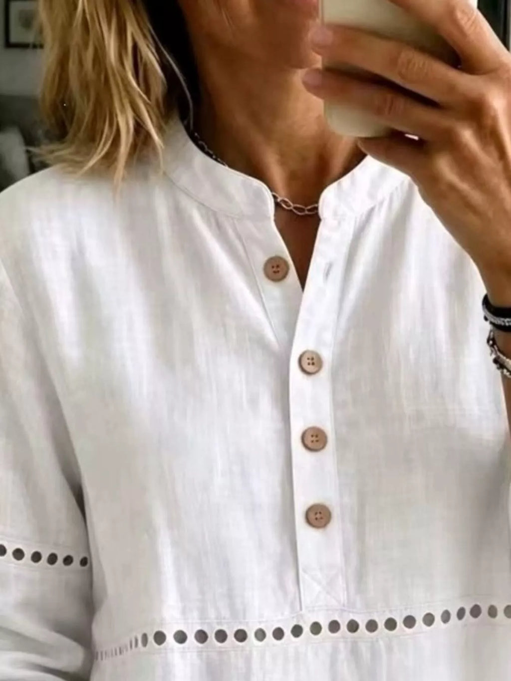 Full Size Button Detail Eyelet Long Sleeve Blouse Plus Size