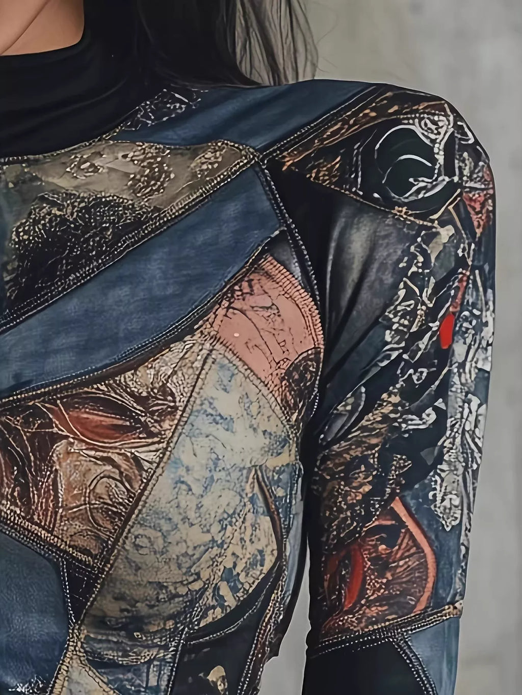 Patchwork Printed Mock Neck Long Sleeve T-Shirt