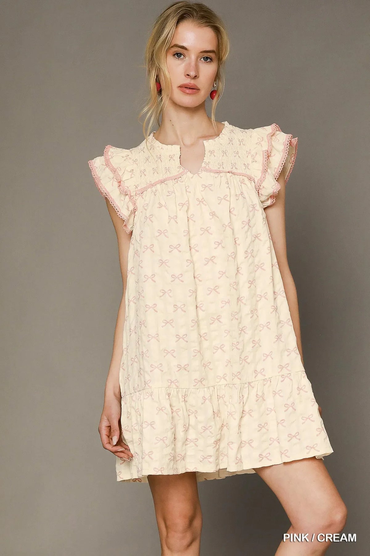 Umgee Bow Print Ruffled Cap Sleeve Mini Dress
