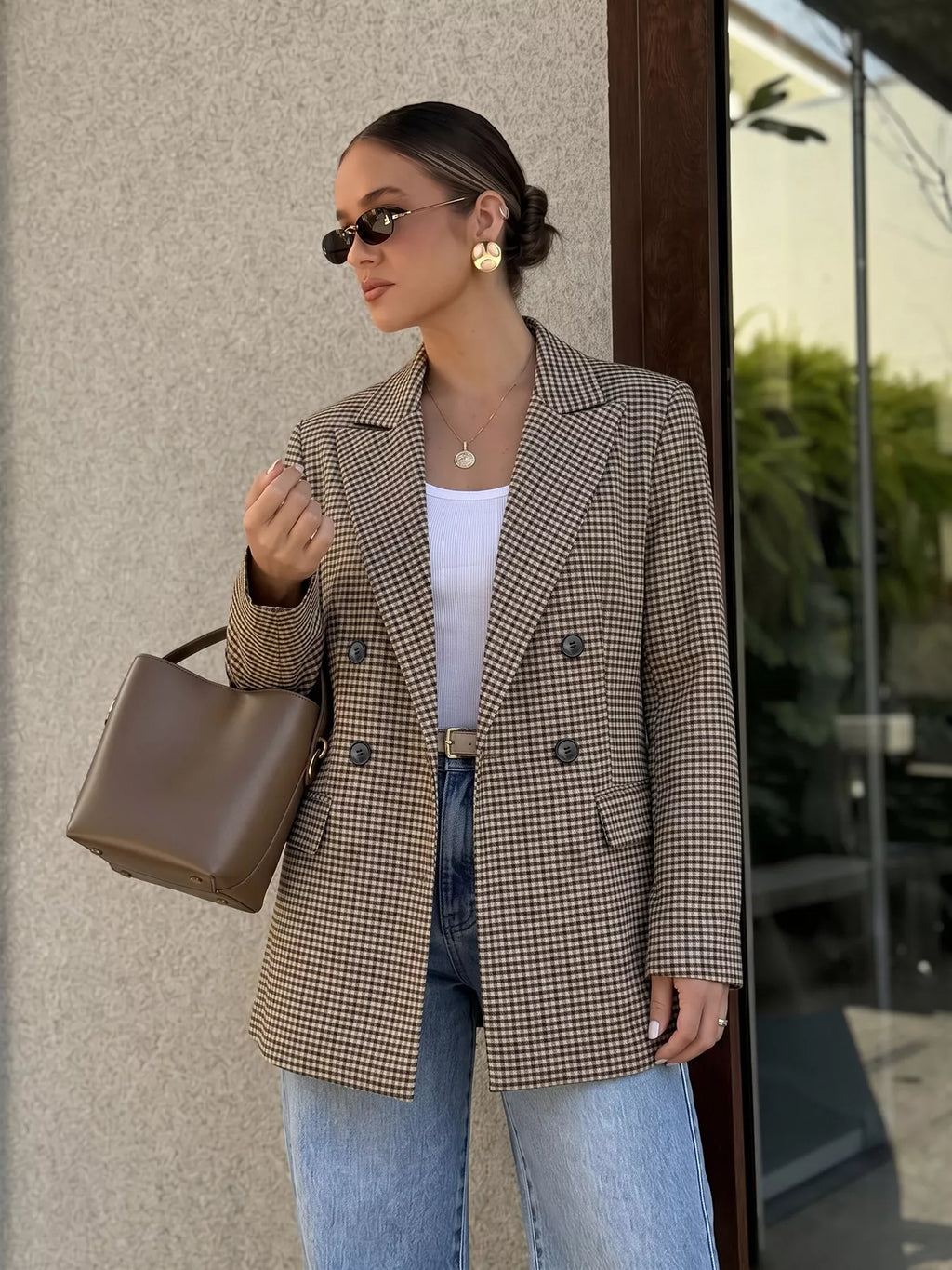 Plaid Lapel Collar Double-Breasted Blazer
