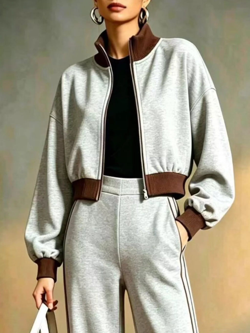 Contrast Ribbed Jacket and Wide-Leg Pants Tracksuit Set