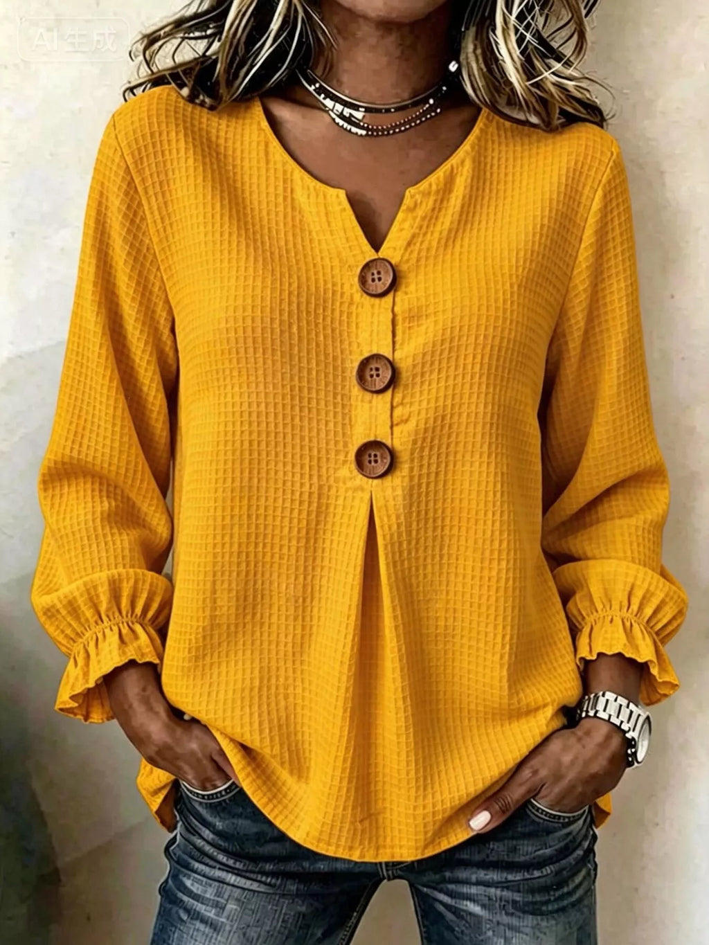 Waffle Knit Flounce Sleeve Top