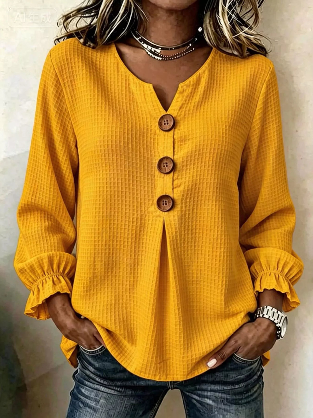 Waffle Knit Flounce Sleeve Top