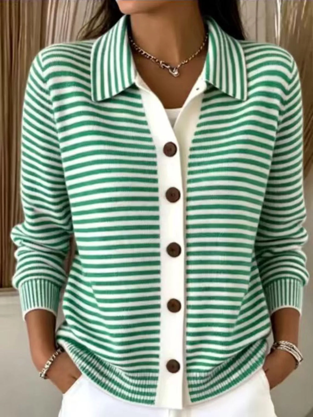Striped Collared Button-Down Knit Cardigan