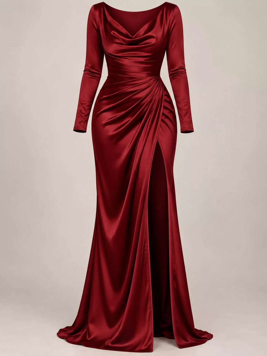 Full Size Satin Cowl Neck High Slit Evening Maxi Dress Plus Size