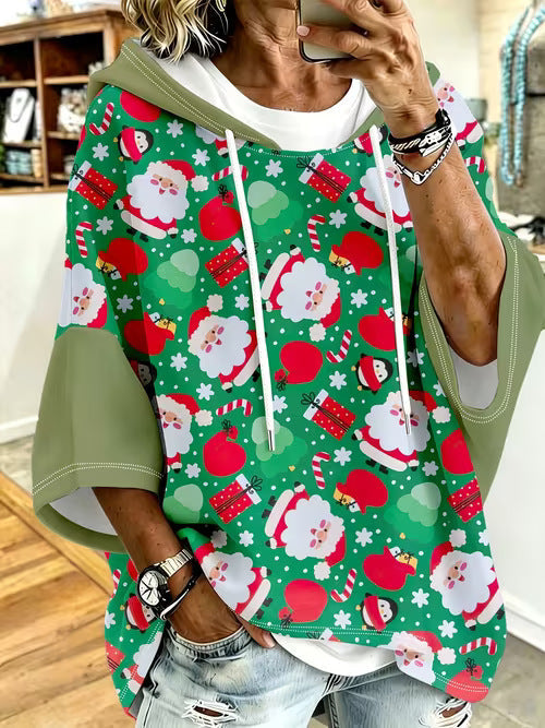 Womens Retro-Print Hoodie With Drawstring And Three-Quarter Sleeves