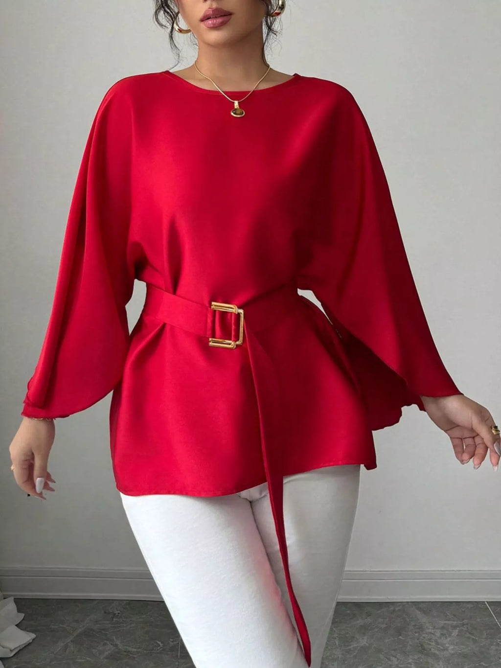 Round Neck Belt Batwing Sleeve Blouse