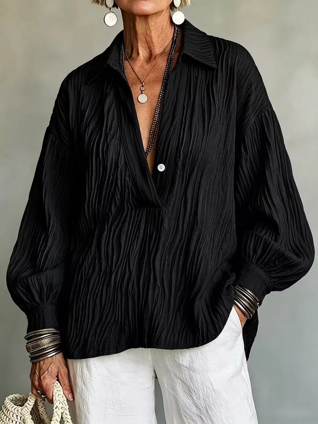 Full Size Texture Long Sleeve Blouse Plus Size