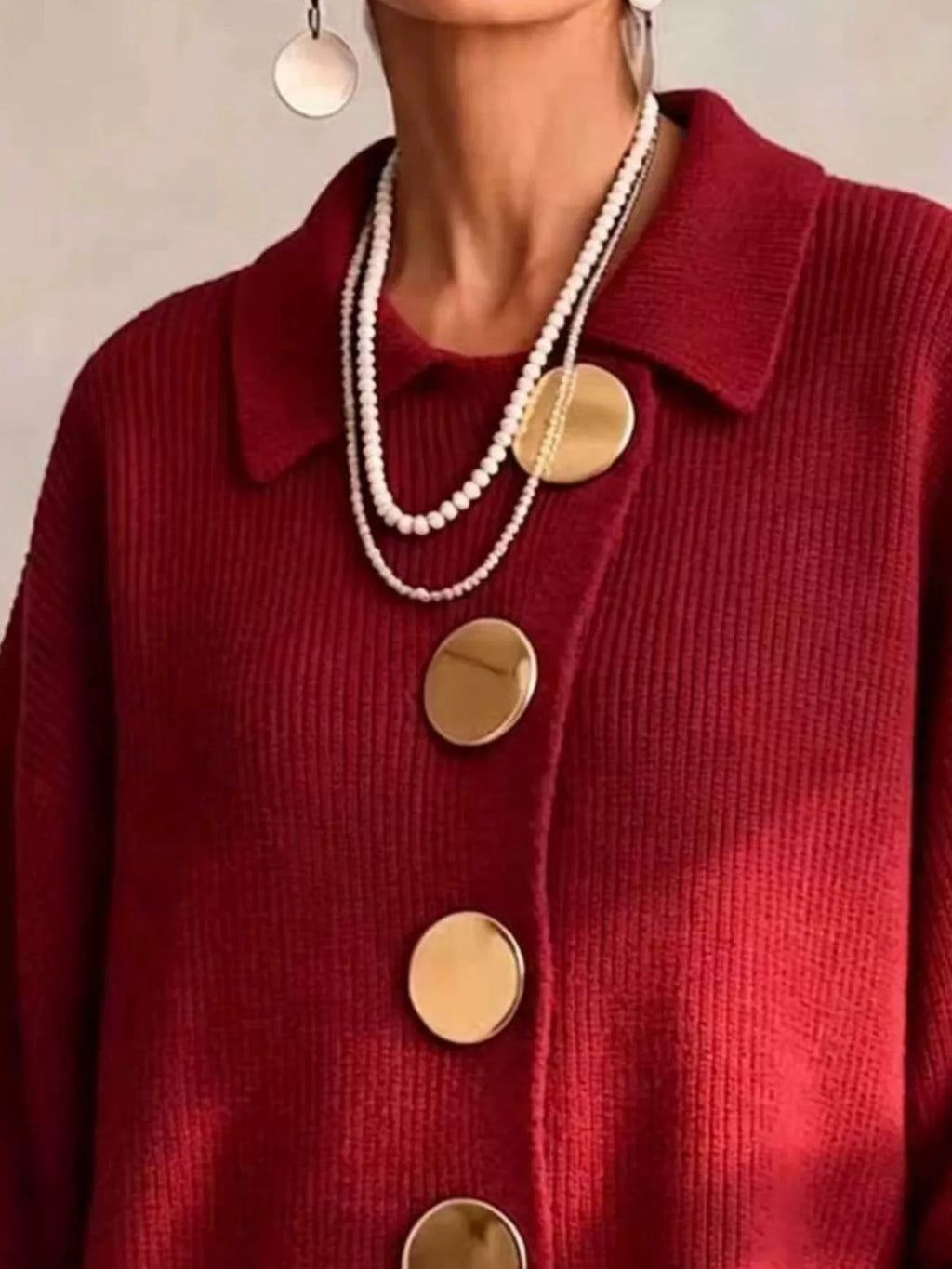 Full Size Gold Buttons Lantern Sleeve Cardigan Plus Size