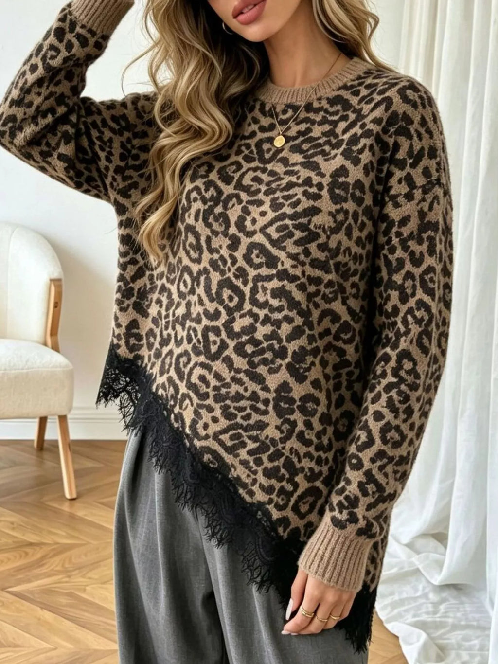 Round Neck Sweater with Asymmetric Lace Hem