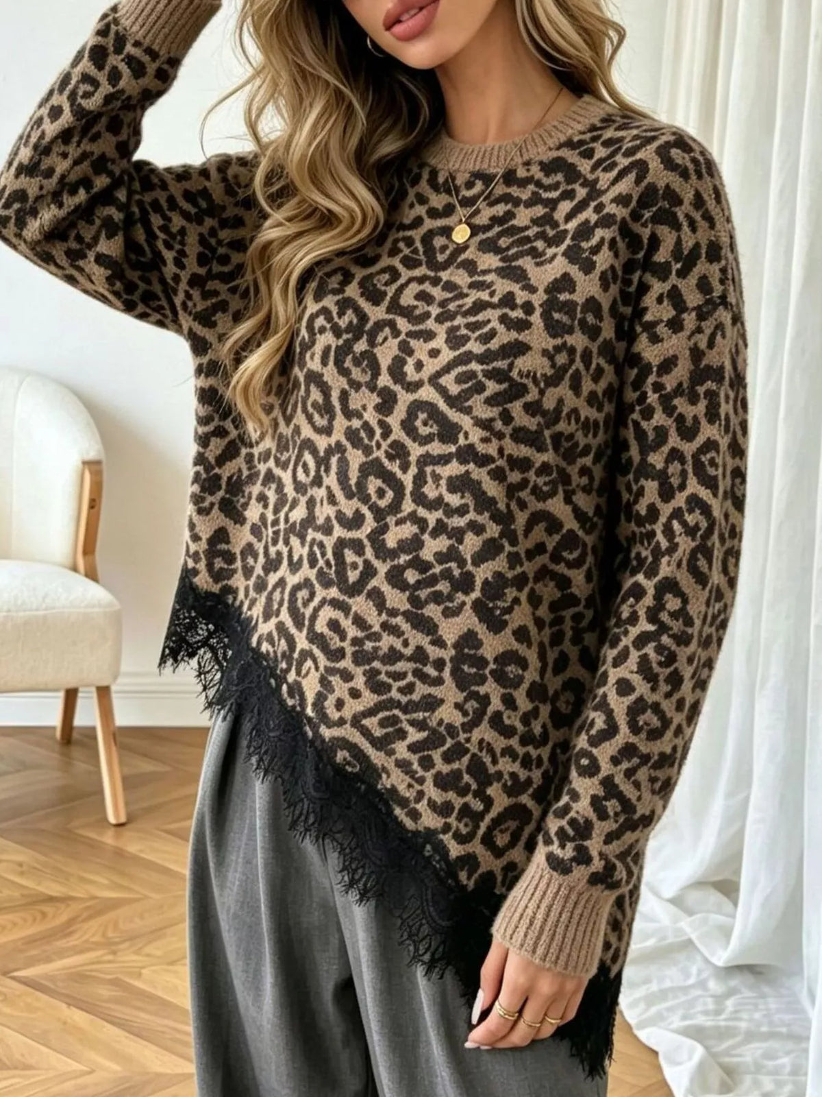 Round Neck Sweater with Asymmetric Lace Hem