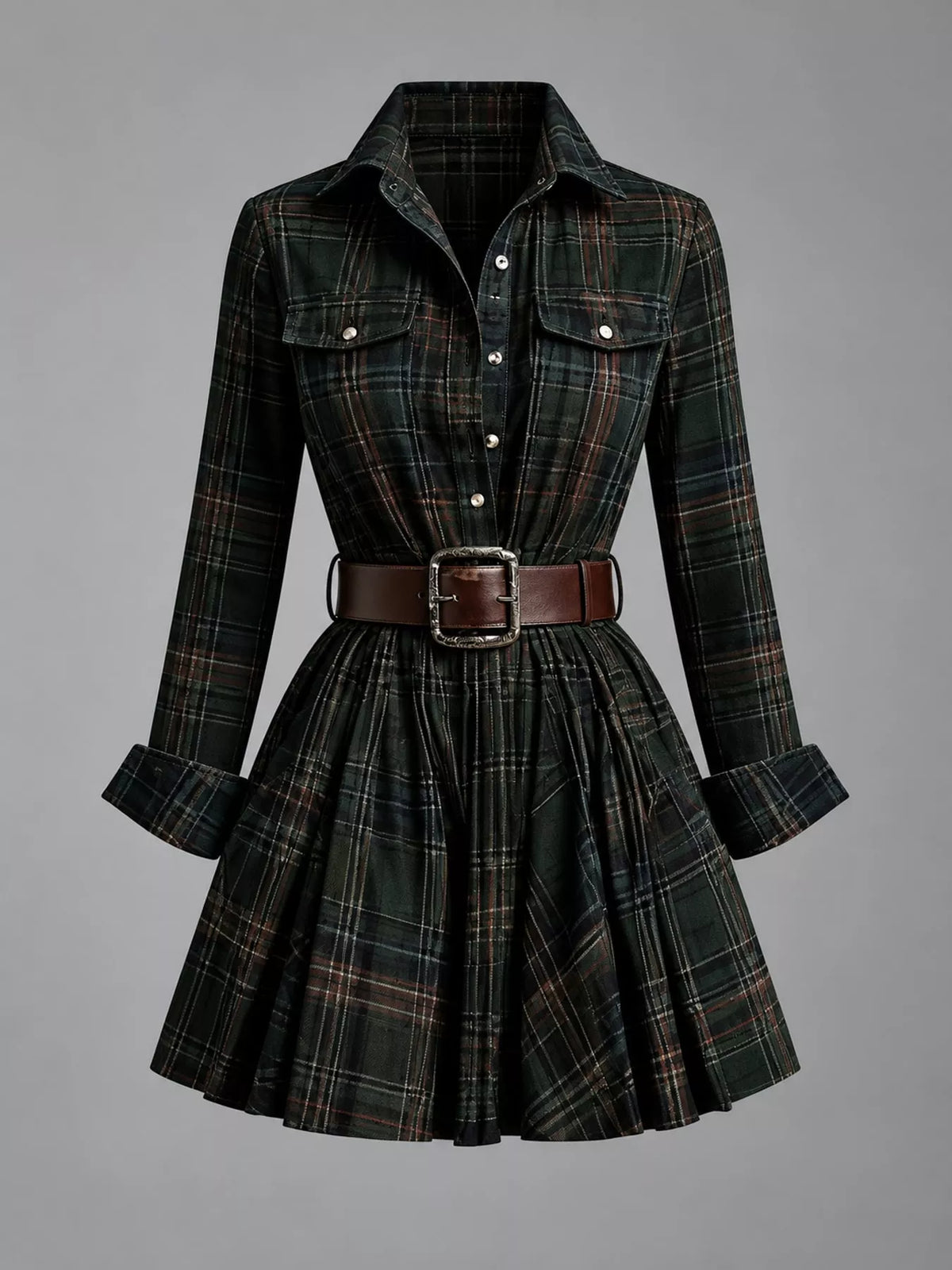 Plaid Long-Sleeve Shirt Dress