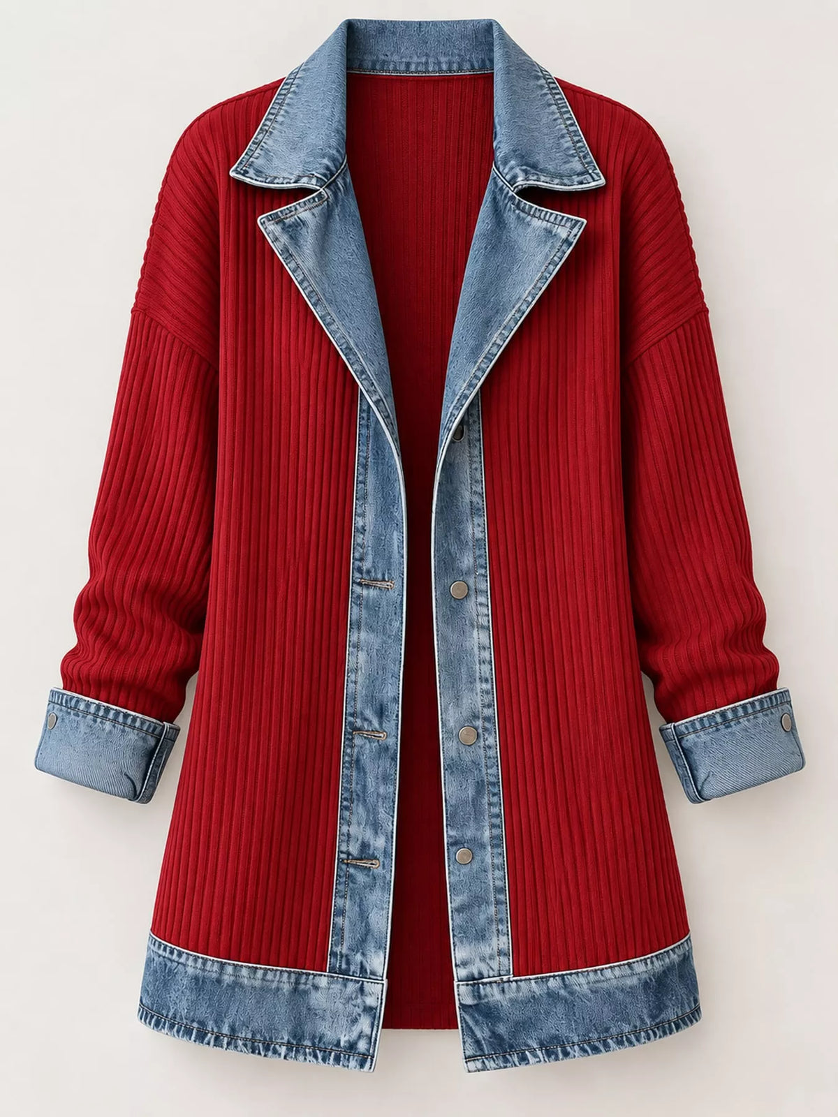 Full Size Denim Trim Ribbed Knit Cardigan Plus Size