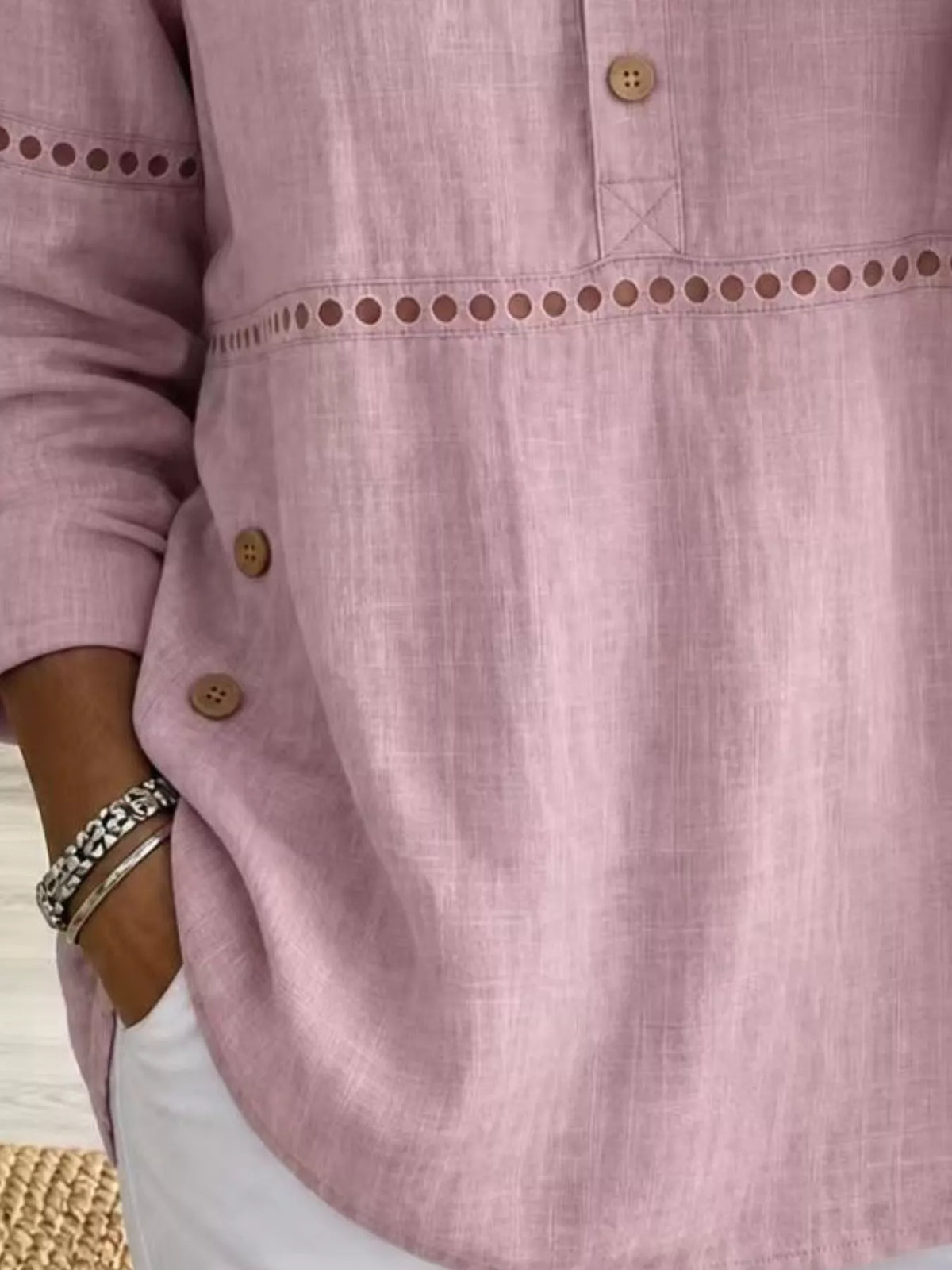 Full Size Button Detail Eyelet Long Sleeve Blouse Plus Size