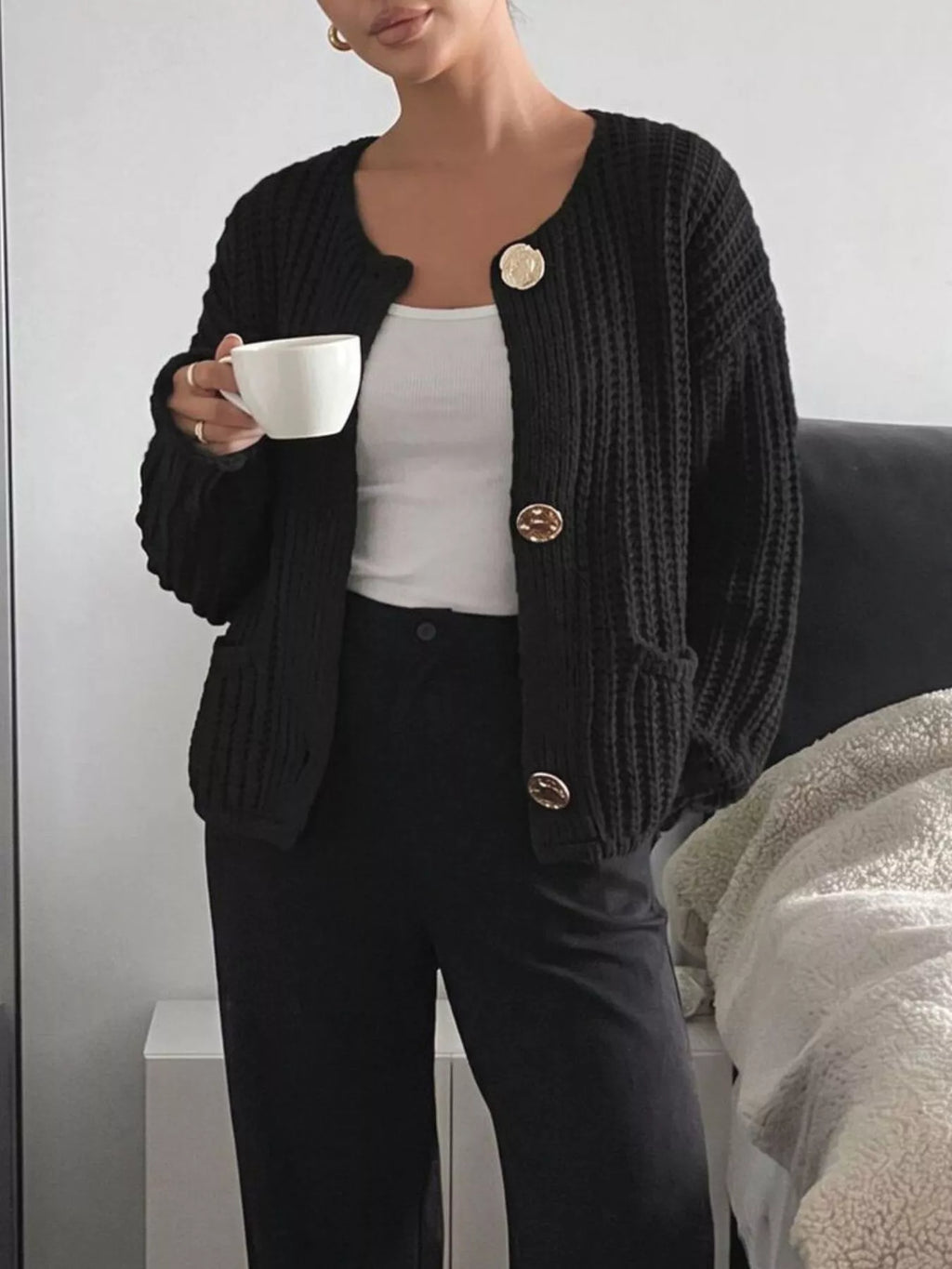 Ribbed Knit Cardigan with Gold-Tone Buttons