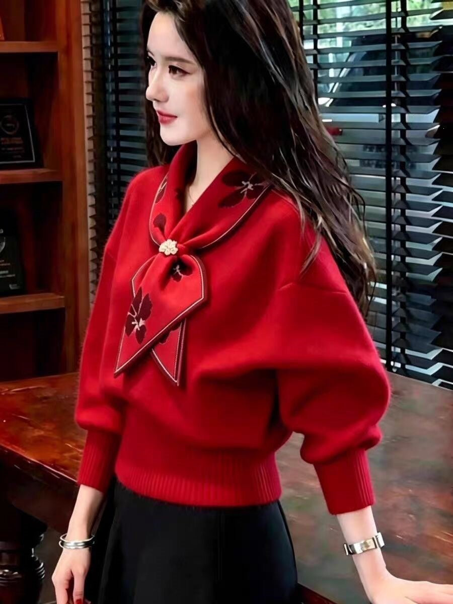 Bow-knot Collar Warm Knitted Sweater For Women