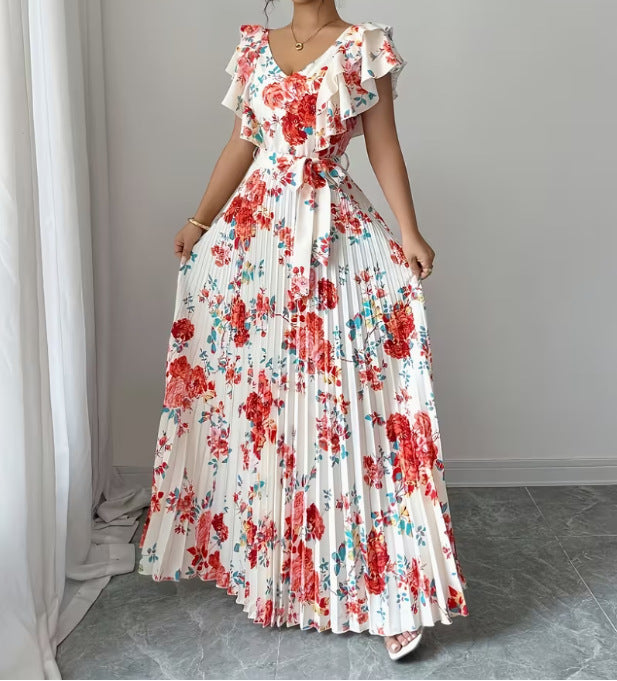 Women's V-neck Printed Ruffle A-line Dress