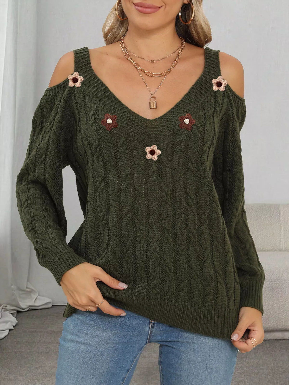 Floral Applique Cold Shoulder Cable Knit Sweater