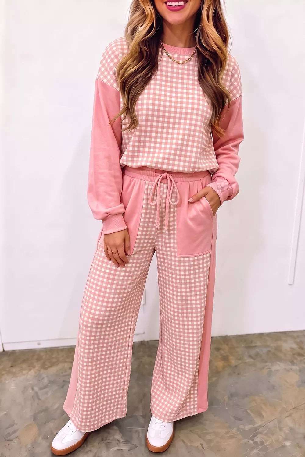 Color Block Plaid Patchwork Long Sleeve Pullover Wide Leg Pant Set