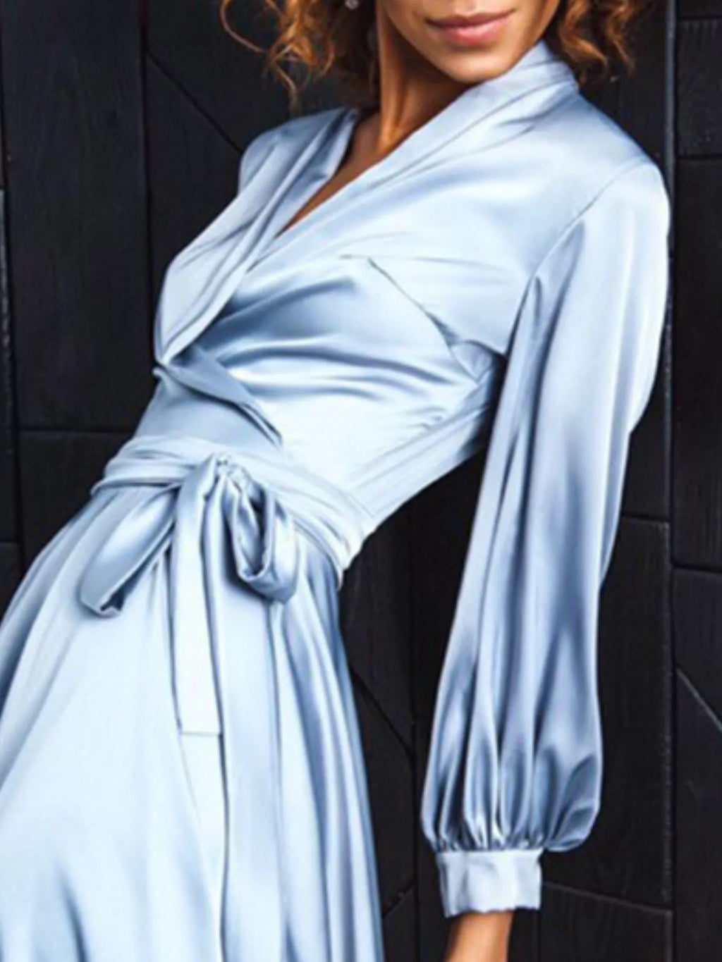 Satin Surplice Long Sleeve Mini Dress