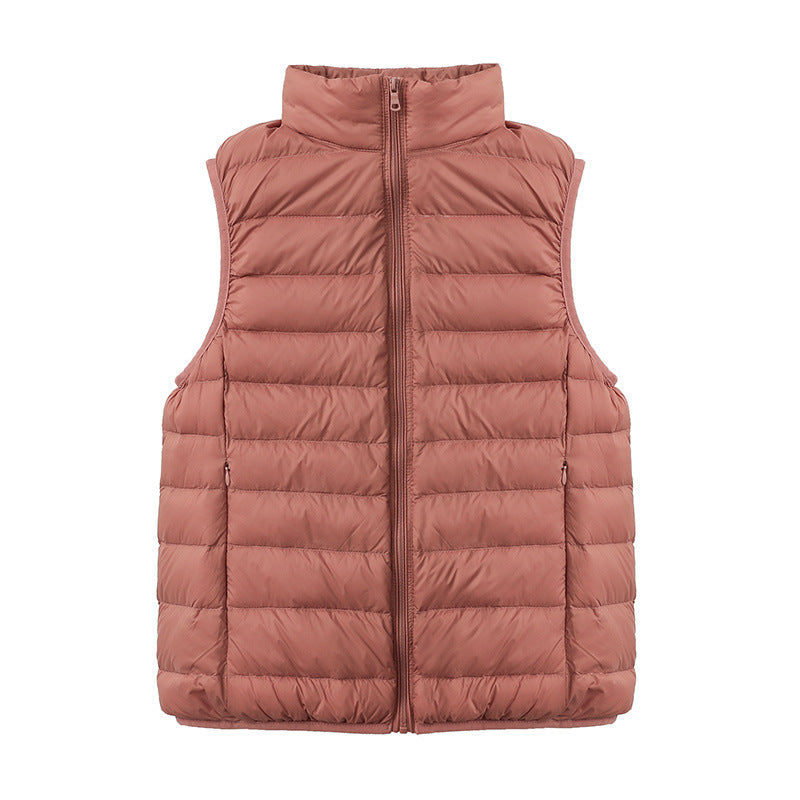 Womens Thin-style Down Vest, Cross-border, Two-way Zipper, 90 White Duck Down, Short Length