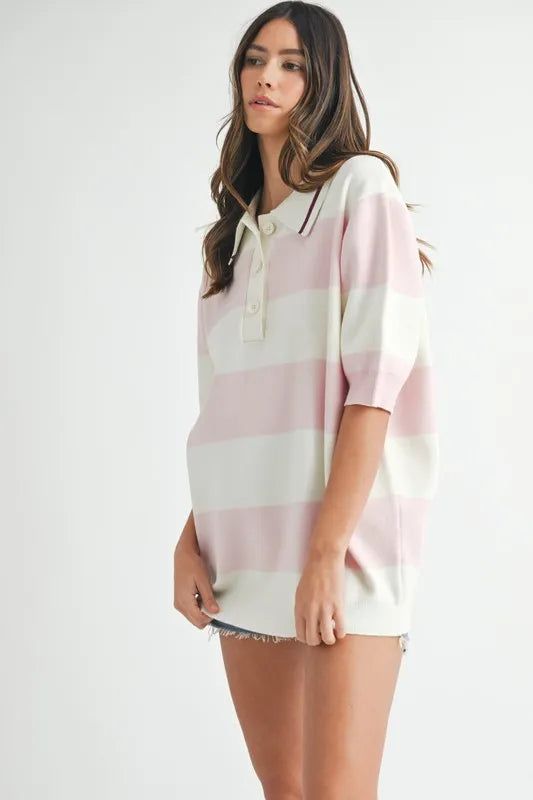 MABLE Oversized Stripe Polo Collar Sweater
