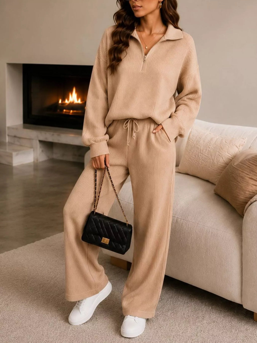 Ribbed Knit Quarter-Zip Top and Wide-Leg Pants Set