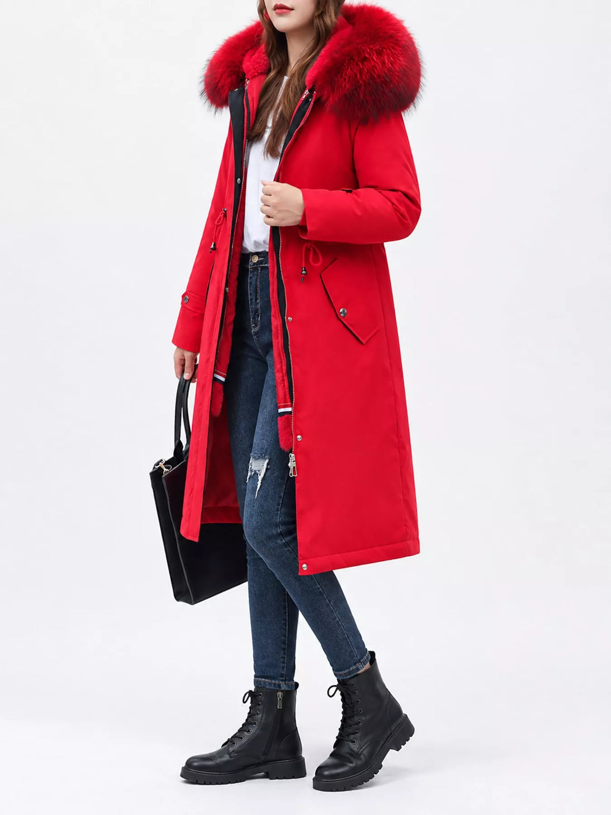 Detachable Longline Hooded Parka with Faux Fur Trim and Drawstring Waist