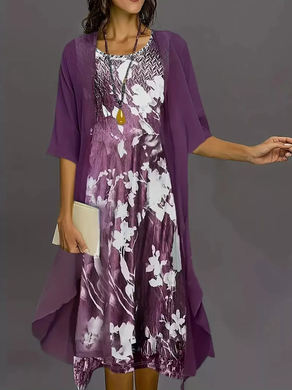 Full Size Floral Print Midi Dress and Chiffon Cardigan Set Plus Size