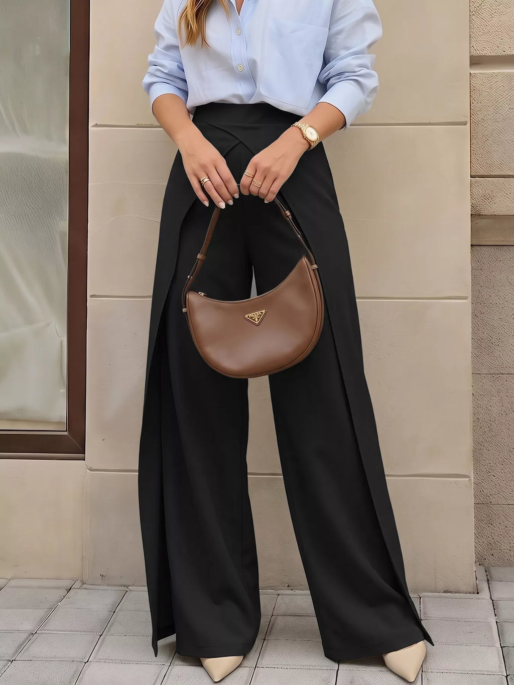 Wide-Leg Pants with Overlap Front Detail