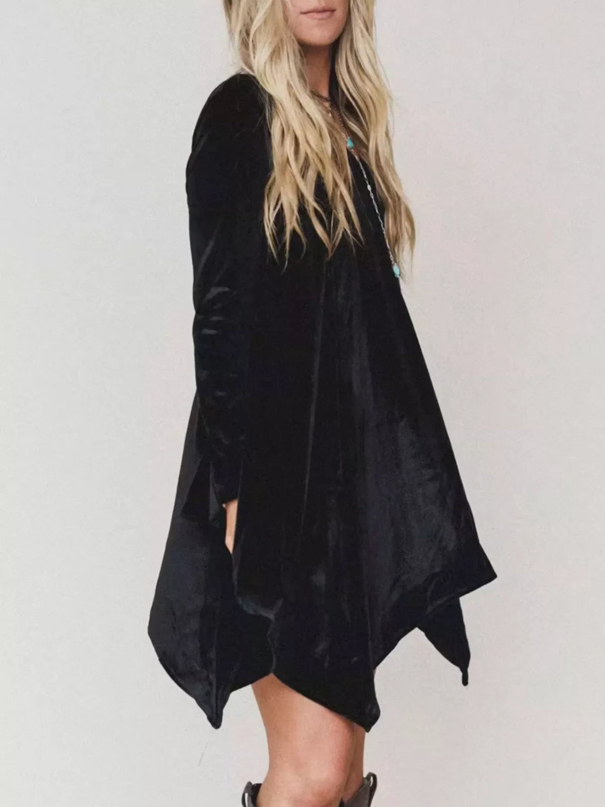 V-Neck Velvet Swing Asymmetrical Dress with Pockets