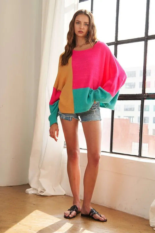 Oversized Colorblock Round Neck Sweater