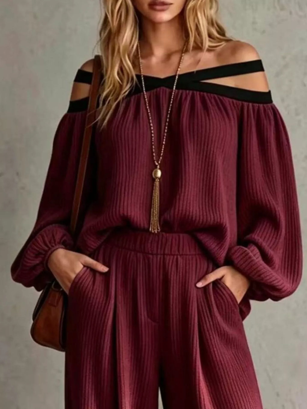 Off-Shoulder Crisscross Cutout Ribbed Knit Top and Wide-Leg Pants Set
