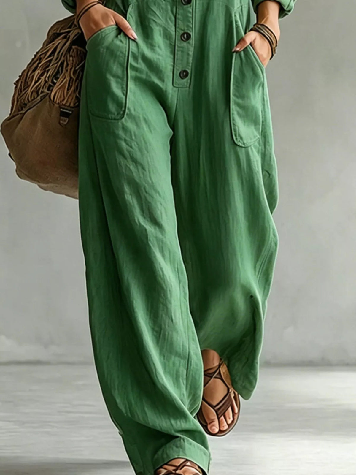 Full Size Long Sleeve Button Front Jumpsuit Plus Size