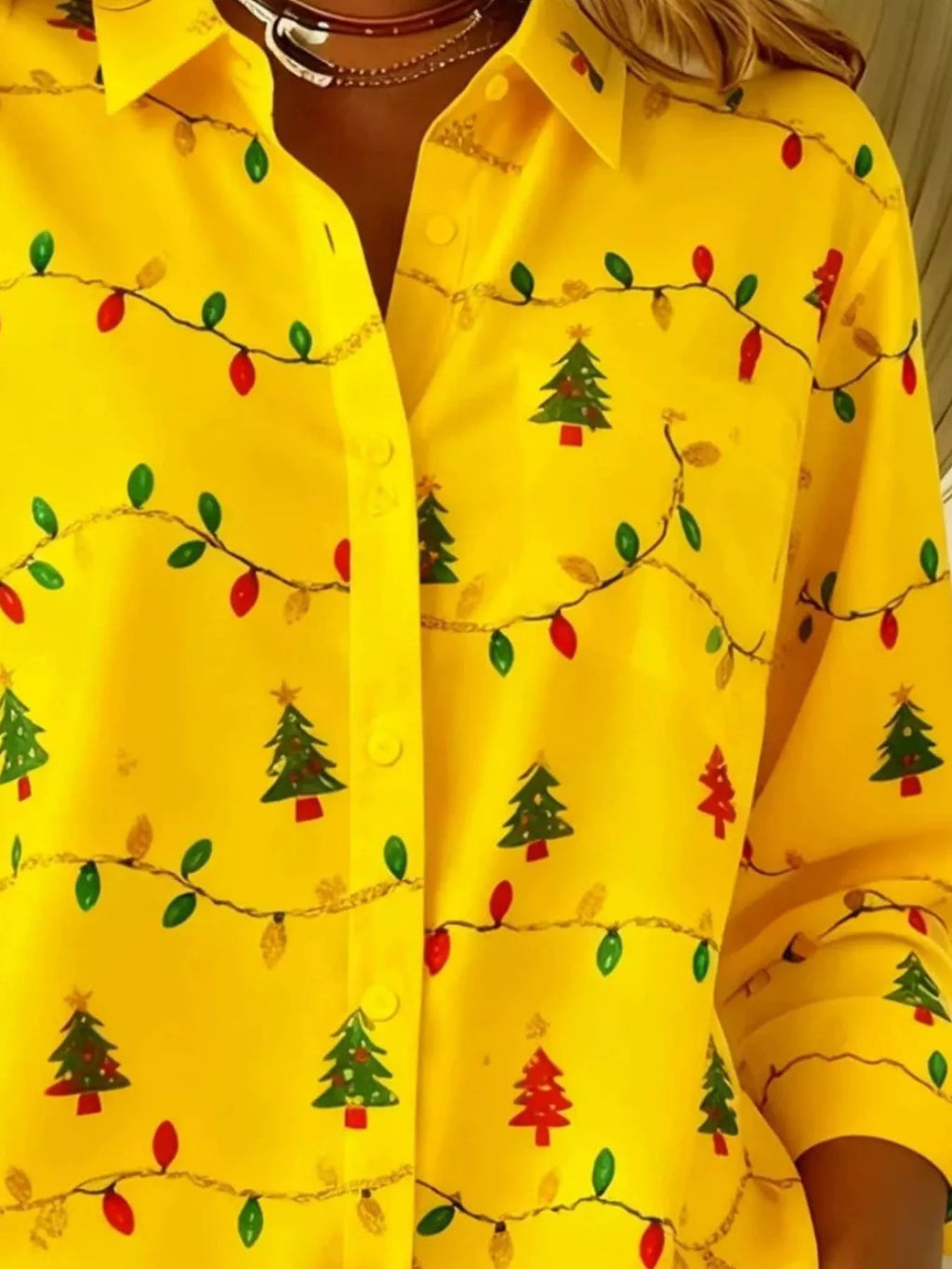 Full Size Christmas Tree Print Long Sleeve Button-Down Shirt Plus Size