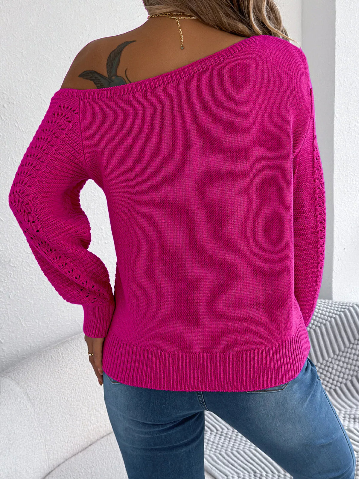Cold-Shoulder Ribbed Knit Openwork Sweater