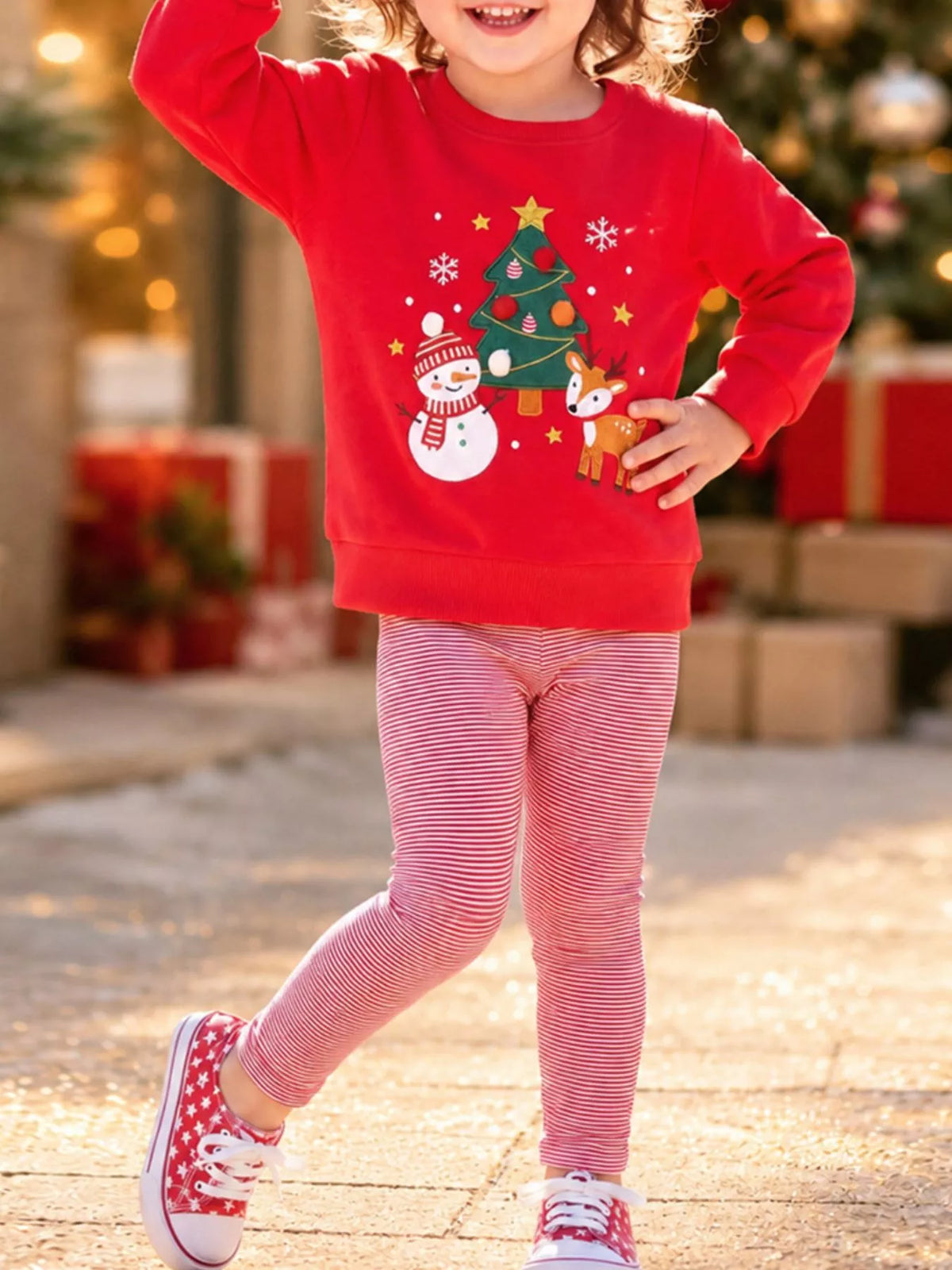 Children's Christmas Themed Sweatshirt and Striped Leggings Set