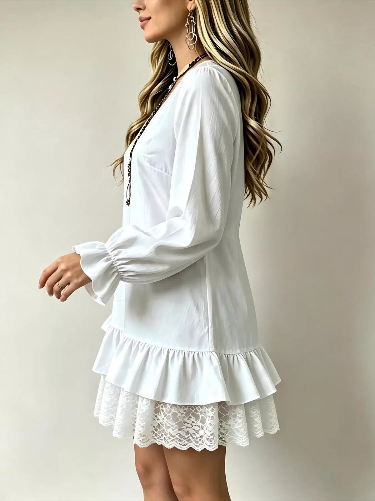 V-Neck Long Sleeve Ruffle Hem Lace Detail Dress
