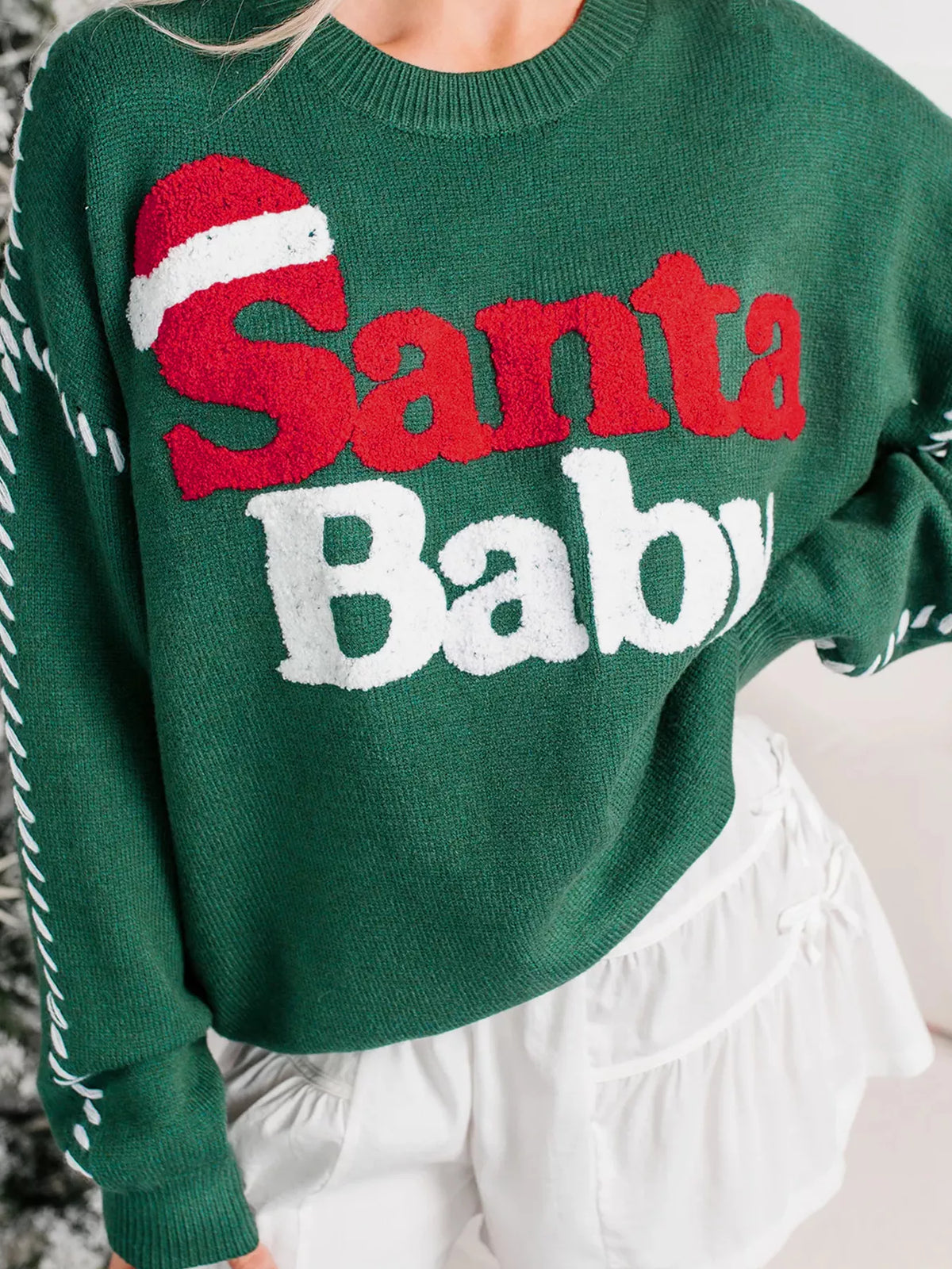 Santa Baby Towel Embroidery Christmas Slogan Pullover Sweater