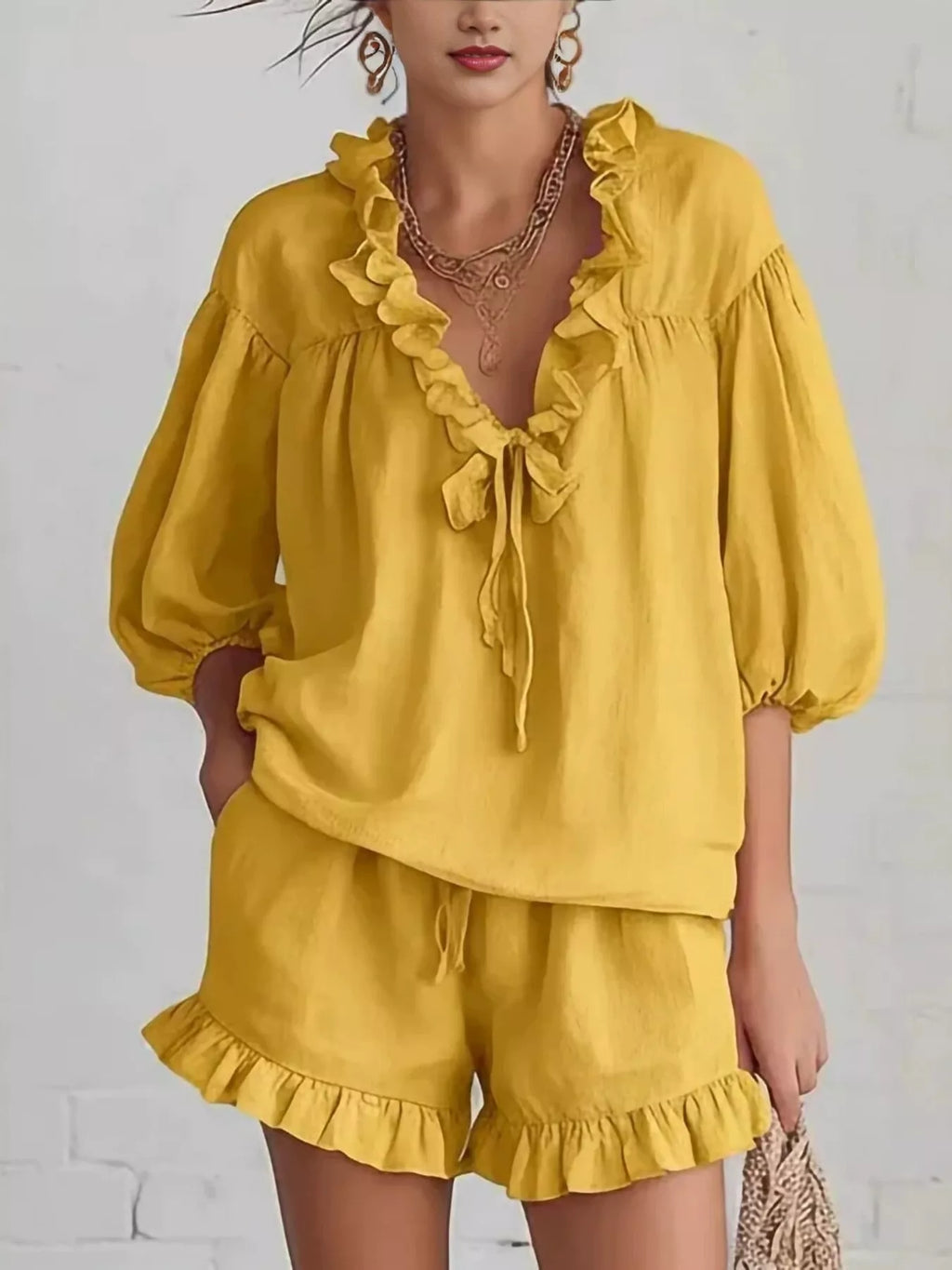 Ruffled V-Neck Blouse and Shorts Set
