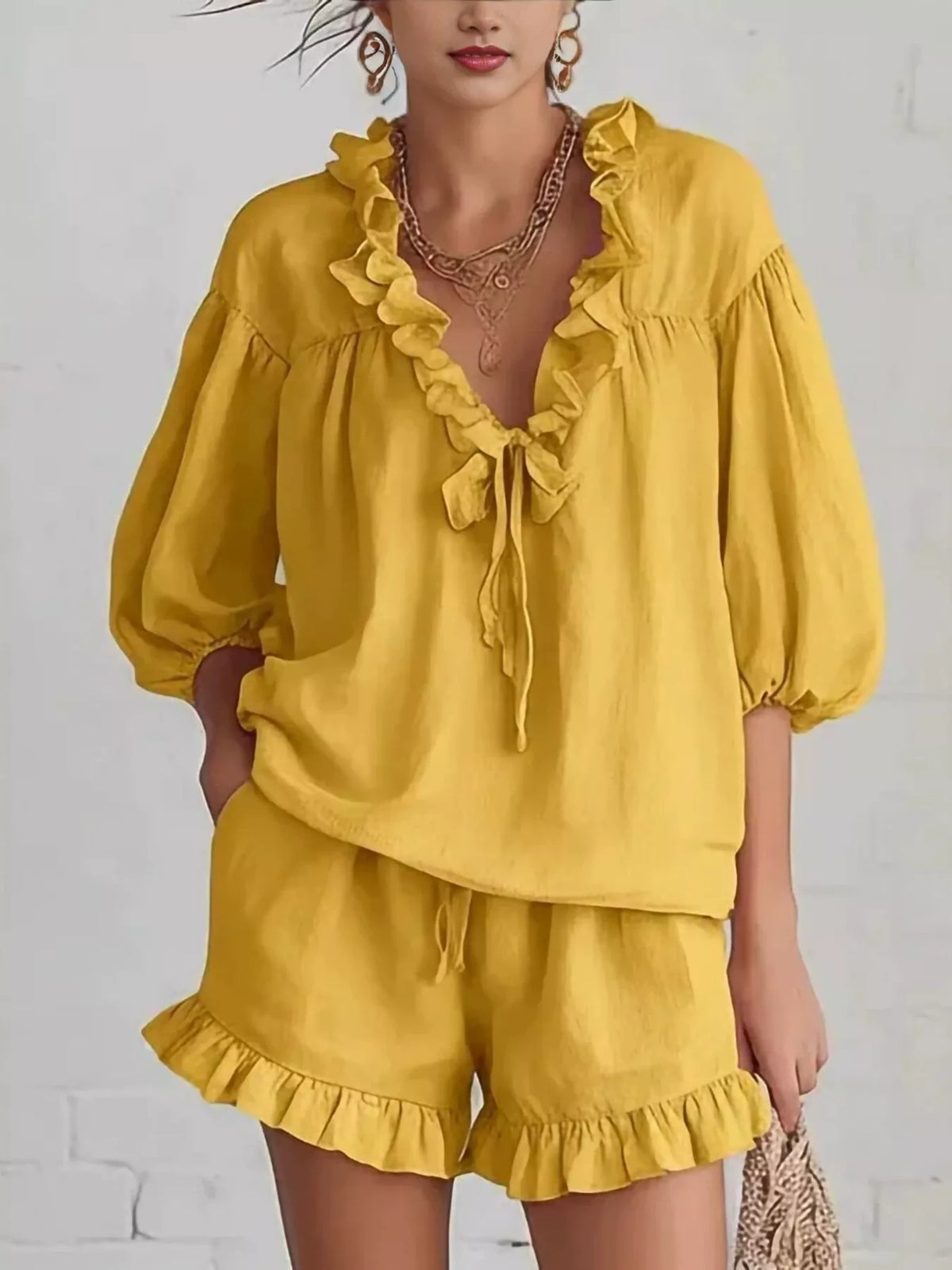 Ruffled V-Neck Blouse and Shorts Set