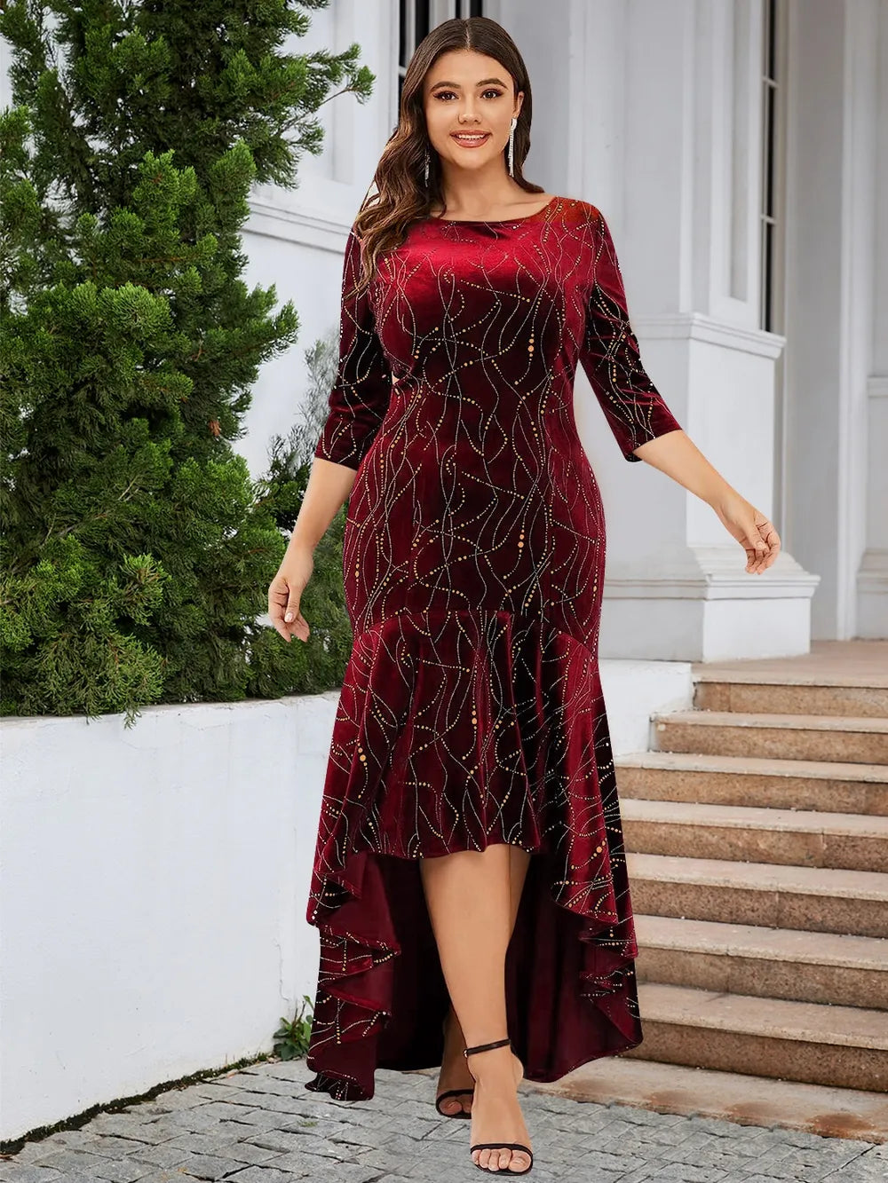 Ruffle Hem High-Low Midi Dress with 3/4 Sleeves – Plus Size